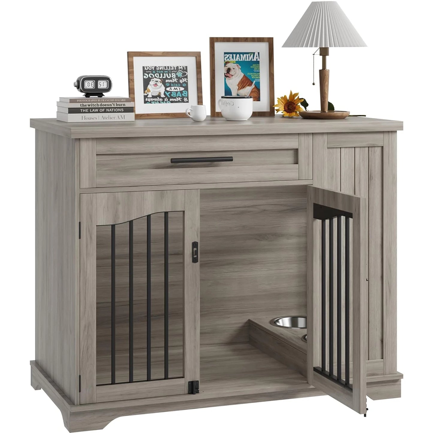 44 Inch Dog Crate Side Storage & Built-in Feeding Station