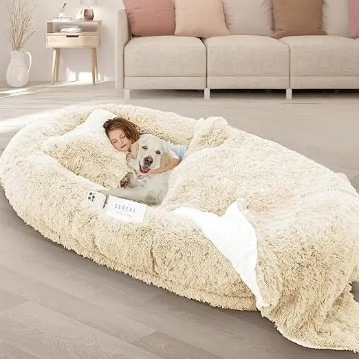 Oversized Grey Memory Foam Dog Bed with Pillow