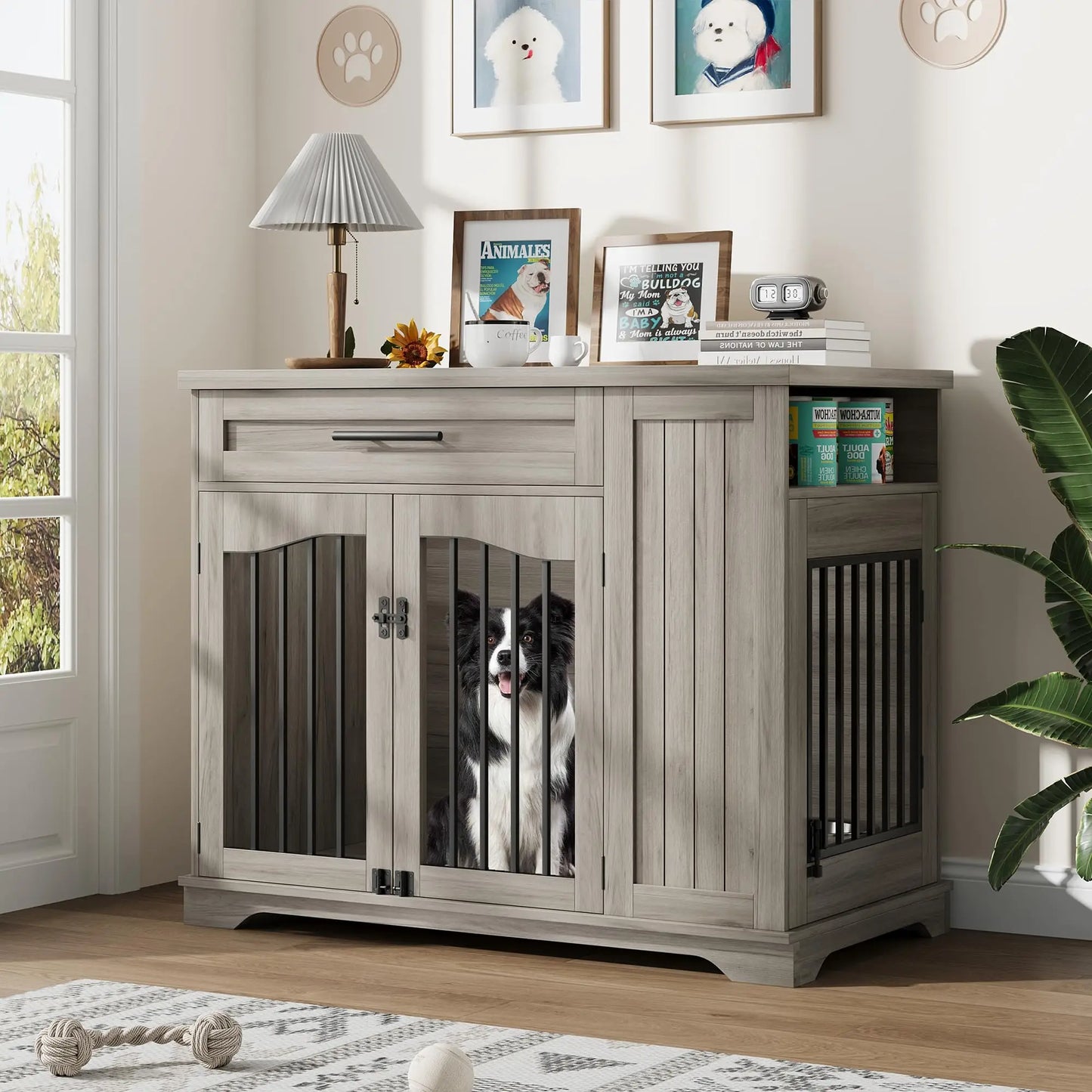 44 Inch Dog Crate Side Storage & Built-in Feeding Station