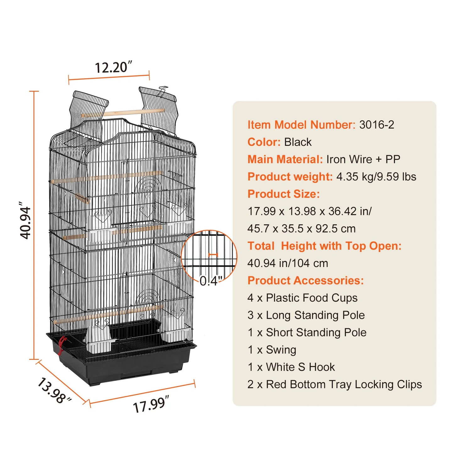 Open Top Large Bird Cage with Swing and Perch