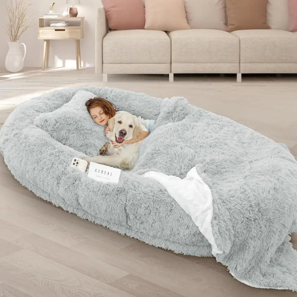 Oversized Grey Memory Foam Dog Bed with Pillow