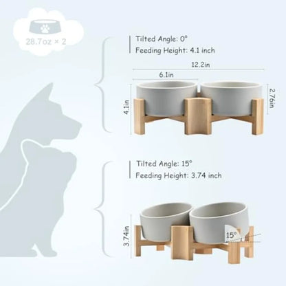 15° Slanted Ceramic Bowl with Wooden Stand
