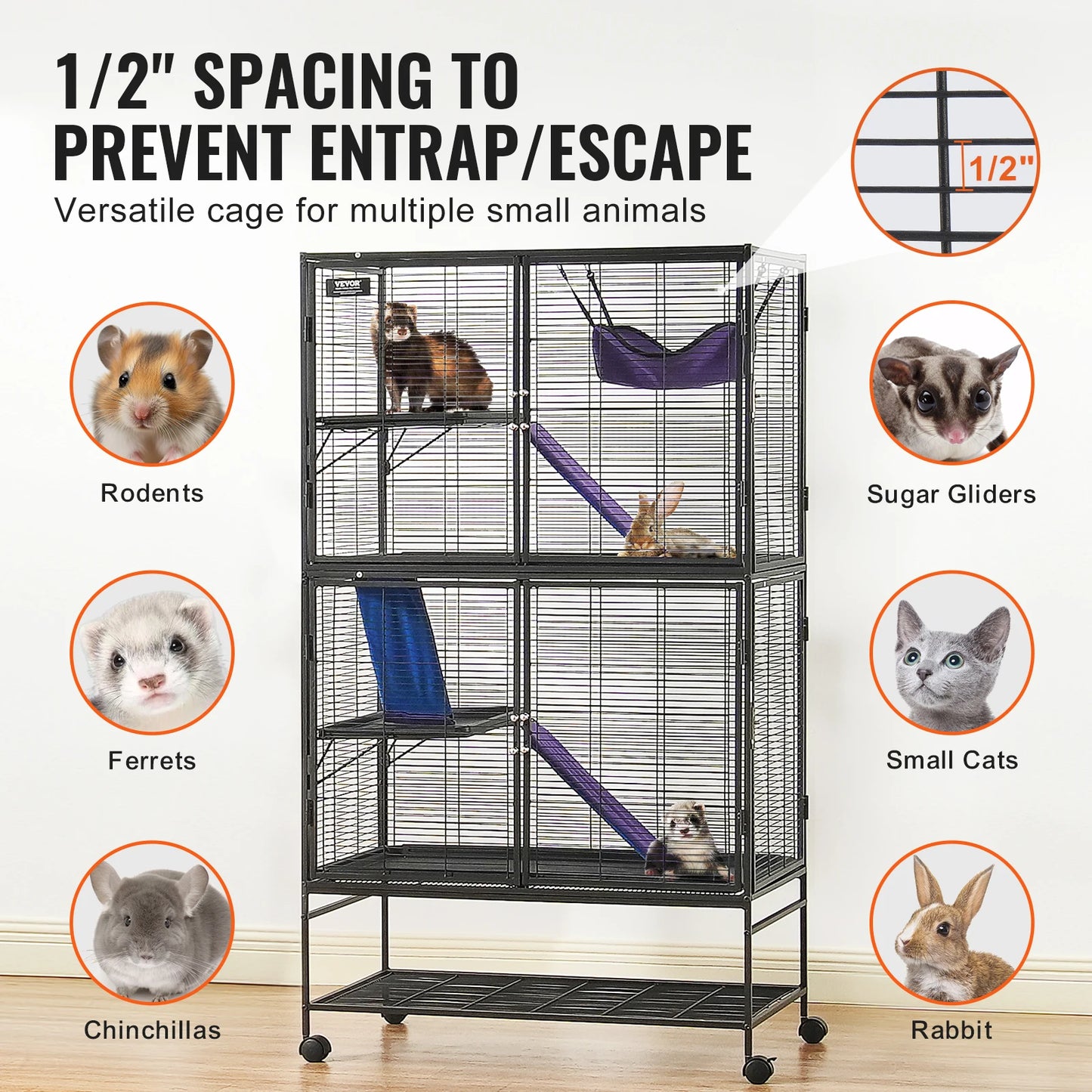 64.6" Rolling Metal Cage Large 4-Tier