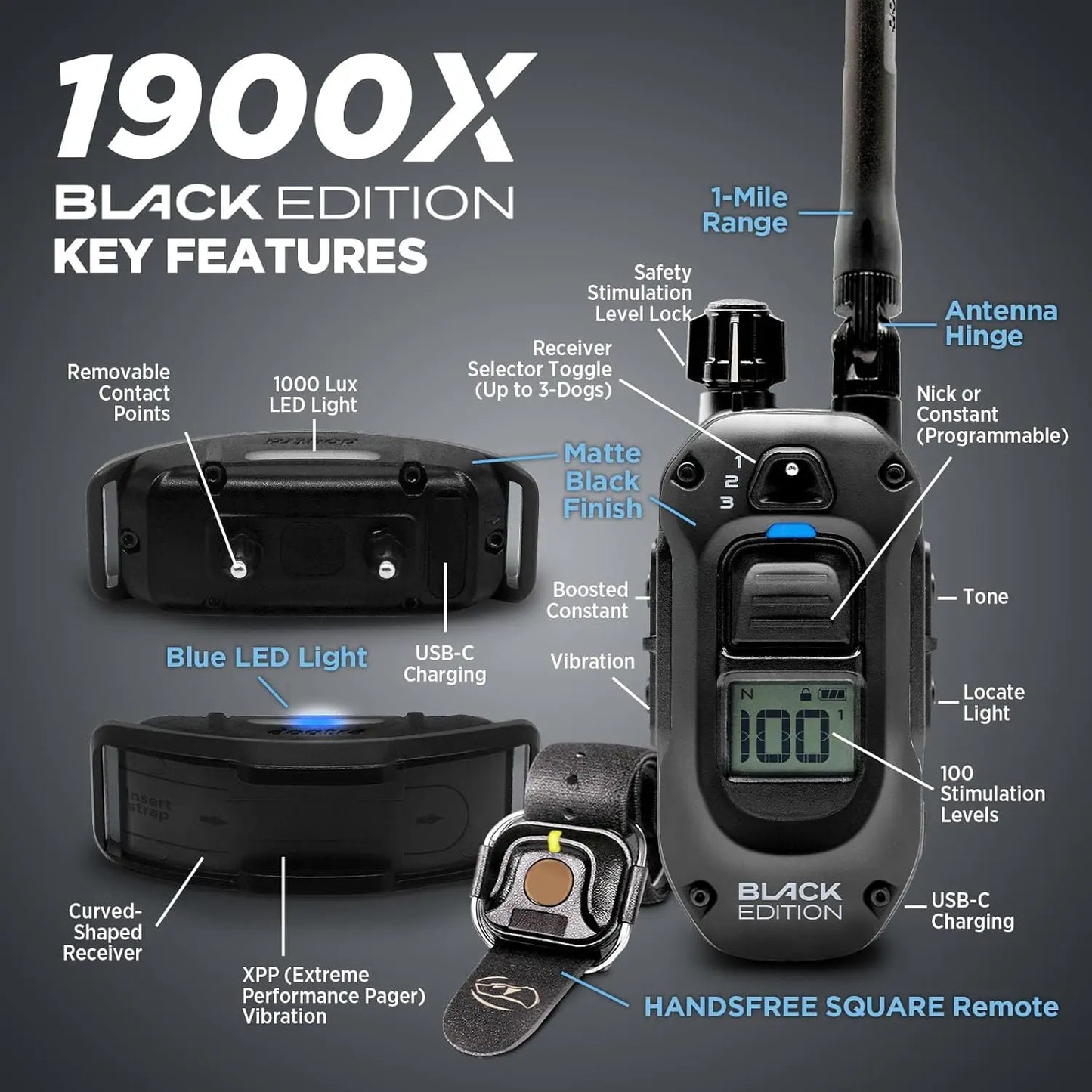 1900X Black Edition E-Collar - 1 Mile Range, Rechargeable