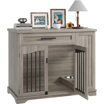 44 Inch Dog Crate Side Storage & Built-in Feeding Station