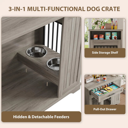 44 Inch Dog Crate Side Storage & Built-in Feeding Station