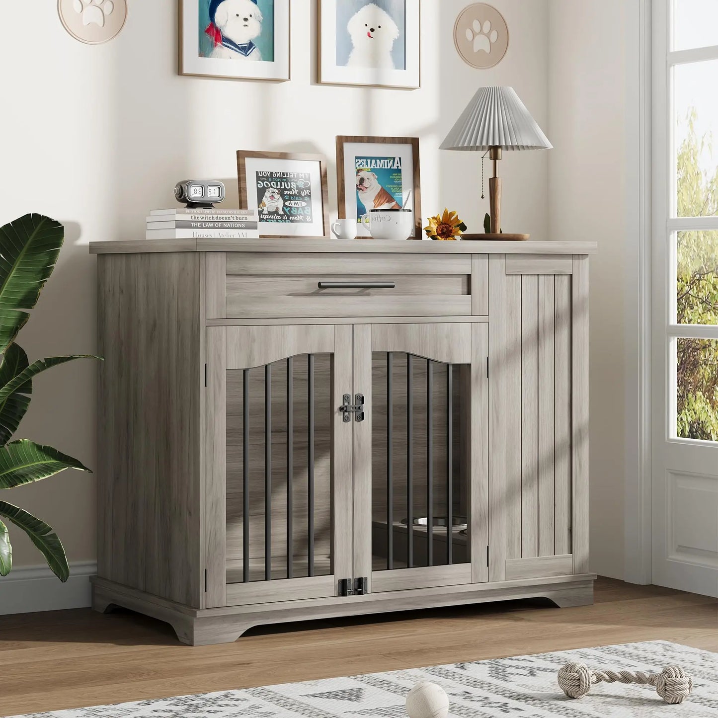 44 Inch Dog Crate Side Storage & Built-in Feeding Station